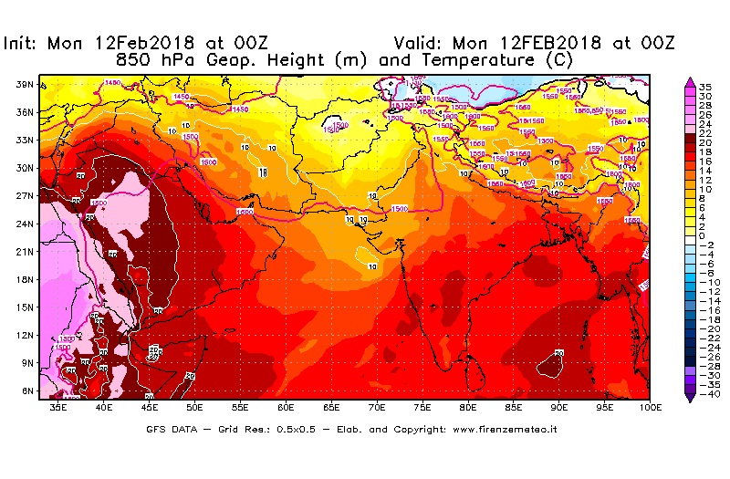 Mappa di analisi GFS - Geopotenziale [m] e Temperatura [°C] a 850 hPa in Asia Sud-Occidentale
							del 12/02/2018 00 <!--googleoff: index-->UTC<!--googleon: index-->