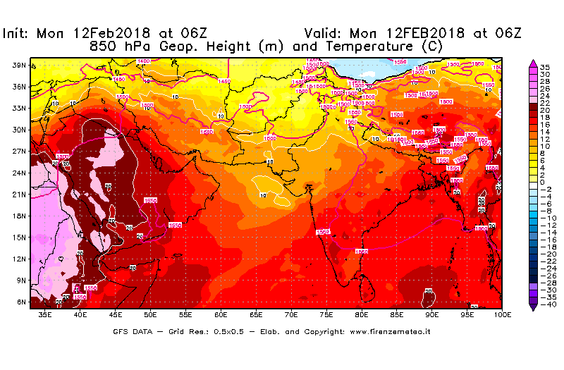 Mappa di analisi GFS - Geopotenziale [m] e Temperatura [°C] a 850 hPa in Asia Sud-Occidentale
									del 12/02/2018 06 <!--googleoff: index-->UTC<!--googleon: index-->