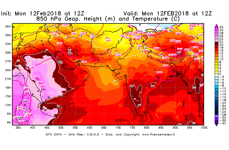 Mappa di analisi GFS - Geopotenziale [m] e Temperatura [°C] a 850 hPa in Asia Sud-Occidentale
							del 12/02/2018 12 <!--googleoff: index-->UTC<!--googleon: index-->