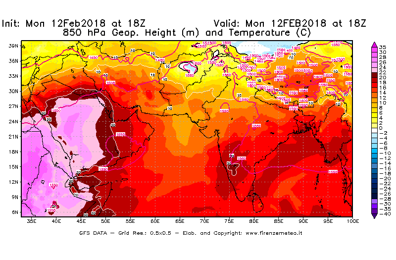 Mappa di analisi GFS - Geopotenziale [m] e Temperatura [°C] a 850 hPa in Asia Sud-Occidentale
							del 12/02/2018 18 <!--googleoff: index-->UTC<!--googleon: index-->