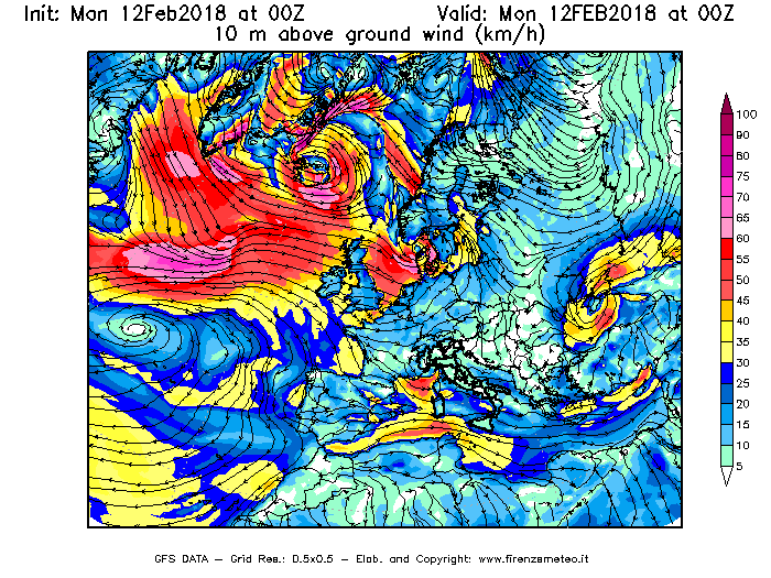 Mappa di analisi GFS - Velocità del vento a 10 metri dal suolo [km/h] in Europa
							del 12/02/2018 00 <!--googleoff: index-->UTC<!--googleon: index-->