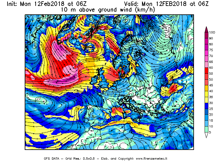 Mappa di analisi GFS - Velocità del vento a 10 metri dal suolo [km/h] in Europa
							del 12/02/2018 06 <!--googleoff: index-->UTC<!--googleon: index-->