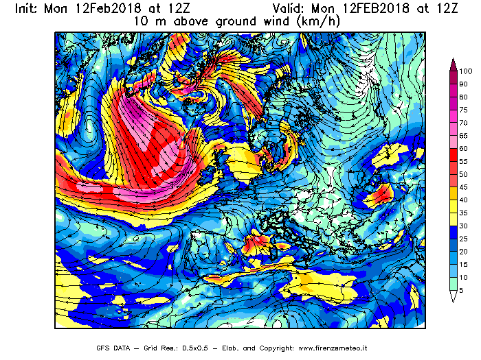 Mappa di analisi GFS - Velocità del vento a 10 metri dal suolo [km/h] in Europa
							del 12/02/2018 12 <!--googleoff: index-->UTC<!--googleon: index-->
