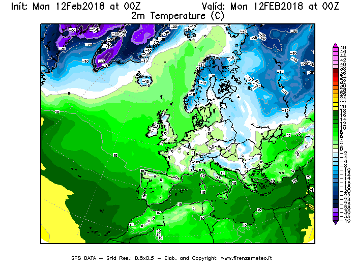Mappa di analisi GFS - Temperatura a 2 metri dal suolo [°C] in Europa
									del 12/02/2018 00 <!--googleoff: index-->UTC<!--googleon: index-->