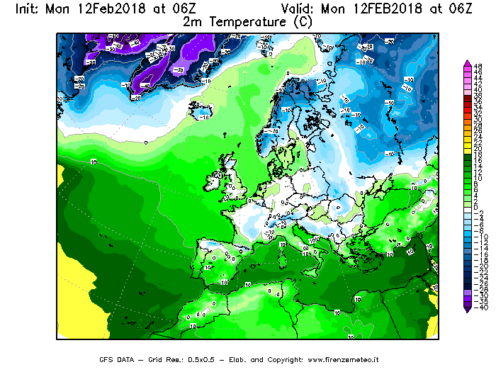 Mappa di analisi GFS - Temperatura a 2 metri dal suolo [°C] in Europa
							del 12/02/2018 06 <!--googleoff: index-->UTC<!--googleon: index-->