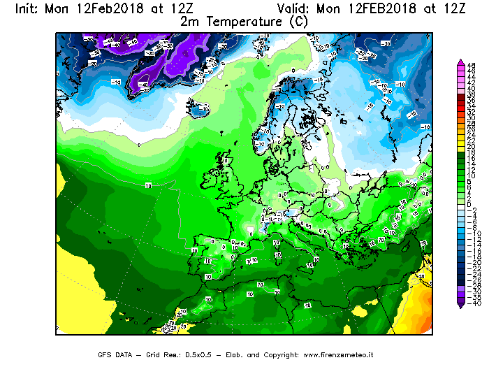 Mappa di analisi GFS - Temperatura a 2 metri dal suolo [°C] in Europa
									del 12/02/2018 12 <!--googleoff: index-->UTC<!--googleon: index-->