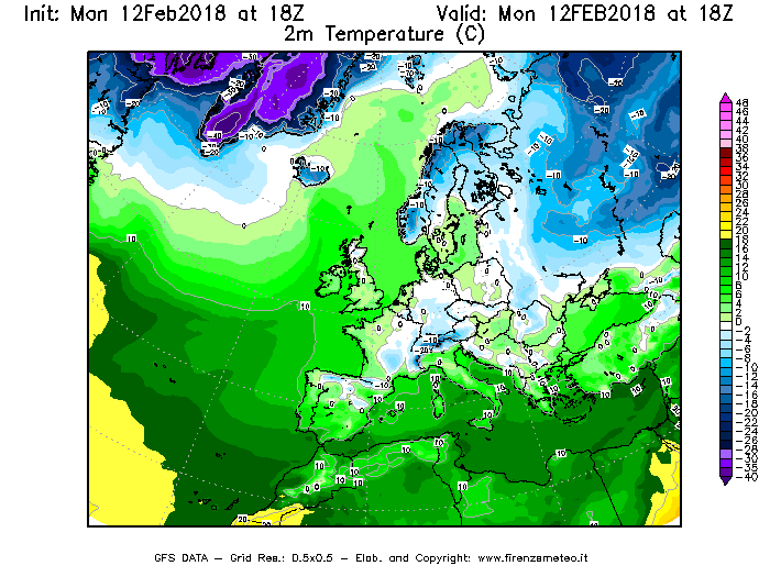 Mappa di analisi GFS - Temperatura a 2 metri dal suolo [°C] in Europa
							del 12/02/2018 18 <!--googleoff: index-->UTC<!--googleon: index-->