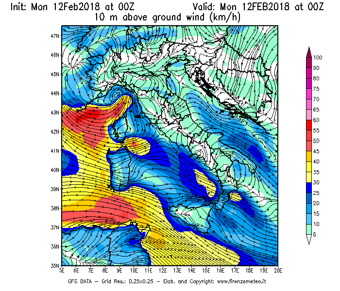 Mappa di analisi GFS - Velocità del vento a 10 metri dal suolo [km/h] in Italia
							del 12/02/2018 00 <!--googleoff: index-->UTC<!--googleon: index-->
