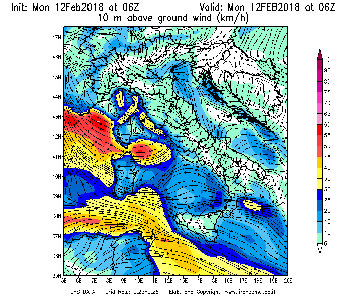 Mappa di analisi GFS - Velocità del vento a 10 metri dal suolo [km/h] in Italia
							del 12/02/2018 06 <!--googleoff: index-->UTC<!--googleon: index-->
