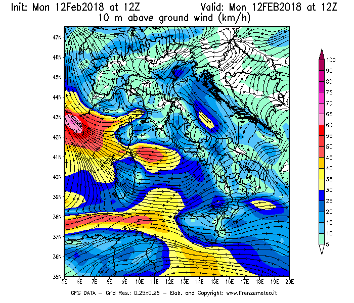 Mappa di analisi GFS - Velocità del vento a 10 metri dal suolo [km/h] in Italia
							del 12/02/2018 12 <!--googleoff: index-->UTC<!--googleon: index-->