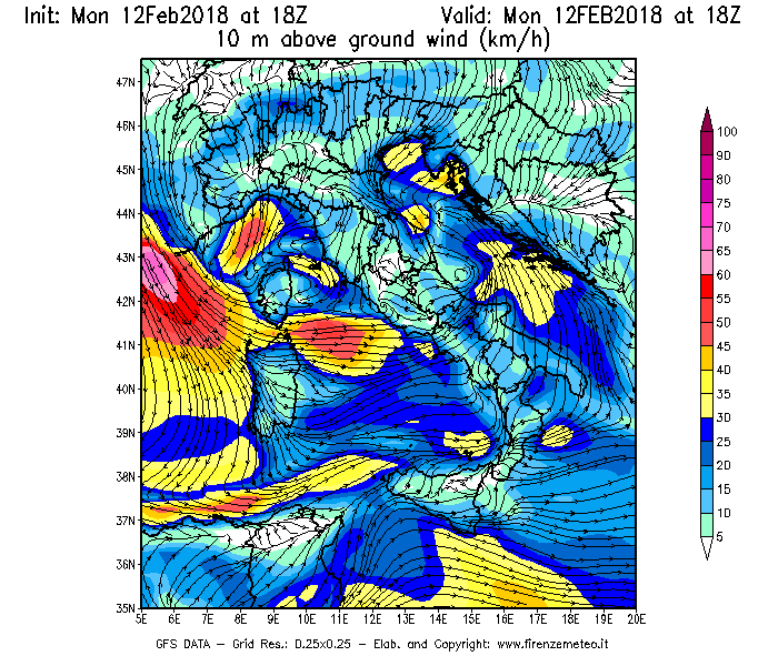 Mappa di analisi GFS - Velocità del vento a 10 metri dal suolo [km/h] in Italia
									del 12/02/2018 18 <!--googleoff: index-->UTC<!--googleon: index-->