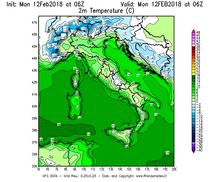 Mappa di analisi GFS - Temperatura a 2 metri dal suolo [°C] in Italia
									del 12/02/2018 06 <!--googleoff: index-->UTC<!--googleon: index-->