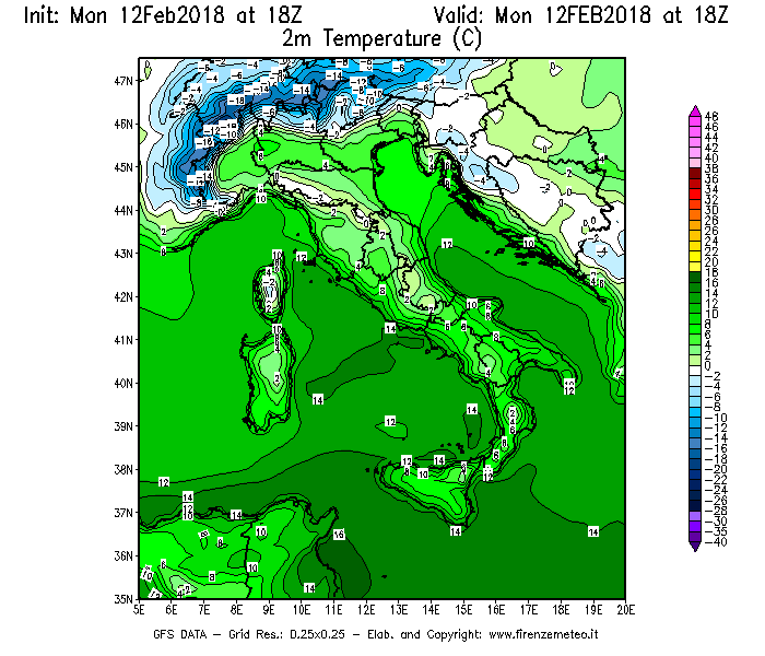 Mappa di analisi GFS - Temperatura a 2 metri dal suolo [°C] in Italia
									del 12/02/2018 18 <!--googleoff: index-->UTC<!--googleon: index-->