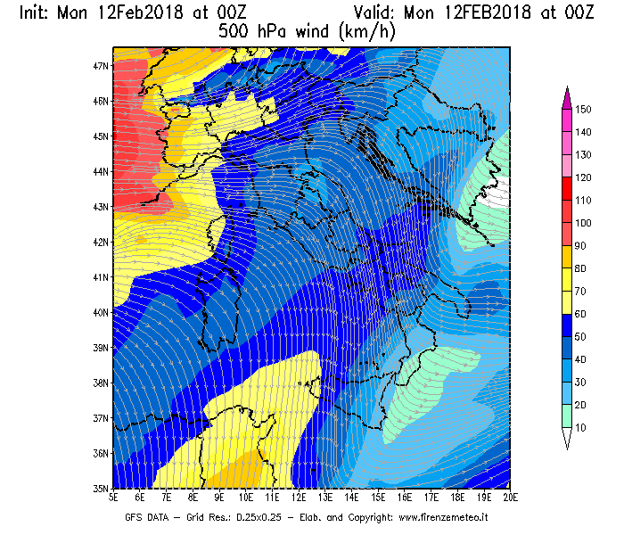Mappa di analisi GFS - Velocità del vento a 500 hPa [km/h] in Italia
							del 12/02/2018 00 <!--googleoff: index-->UTC<!--googleon: index-->