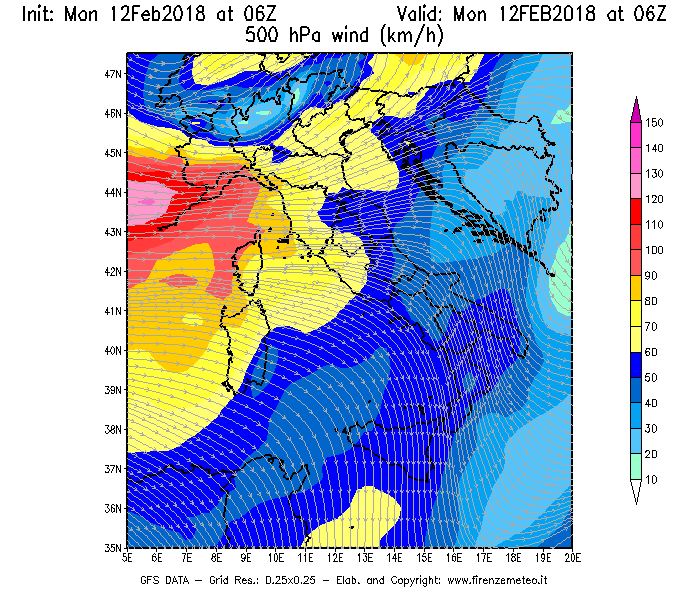 Mappa di analisi GFS - Velocità del vento a 500 hPa [km/h] in Italia
							del 12/02/2018 06 <!--googleoff: index-->UTC<!--googleon: index-->