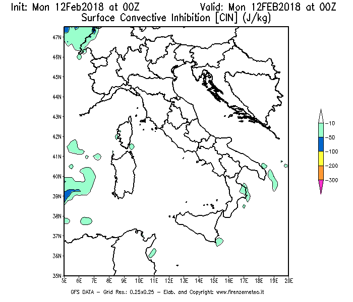 Mappa di analisi GFS - CIN [J/kg] in Italia
							del 12/02/2018 00 <!--googleoff: index-->UTC<!--googleon: index-->