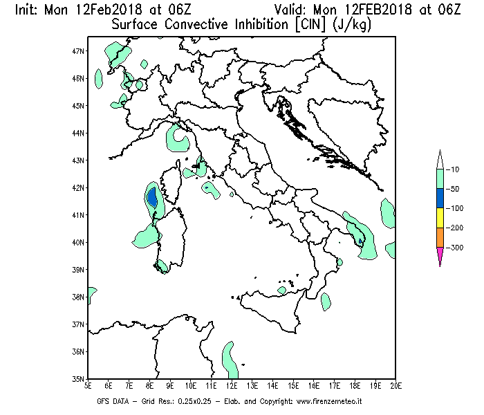 Mappa di analisi GFS - CIN [J/kg] in Italia
									del 12/02/2018 06 <!--googleoff: index-->UTC<!--googleon: index-->