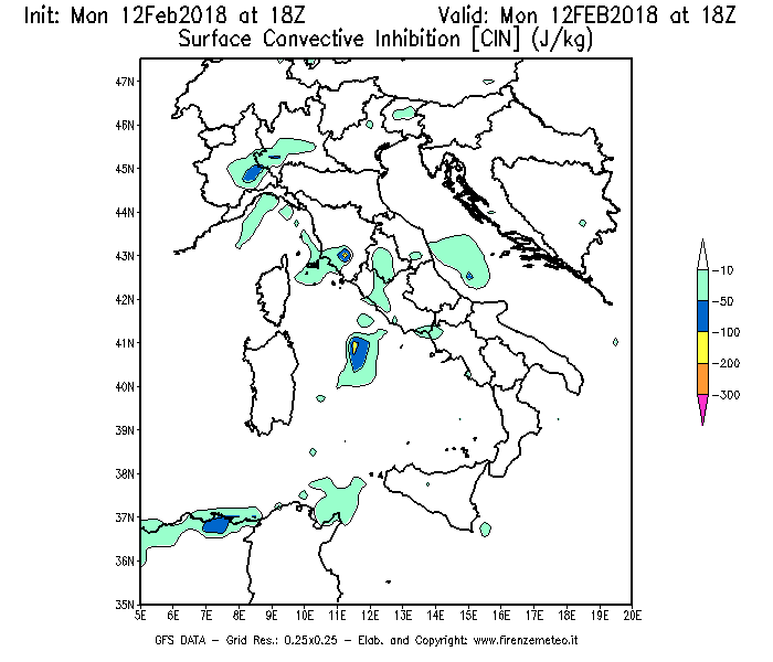Mappa di analisi GFS - CIN [J/kg] in Italia
							del 12/02/2018 18 <!--googleoff: index-->UTC<!--googleon: index-->