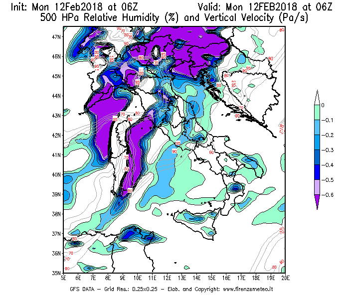 Mappa di analisi GFS - Umidità relativa [%] e Omega [Pa/s] a 500 hPa in Italia
							del 12/02/2018 06 <!--googleoff: index-->UTC<!--googleon: index-->