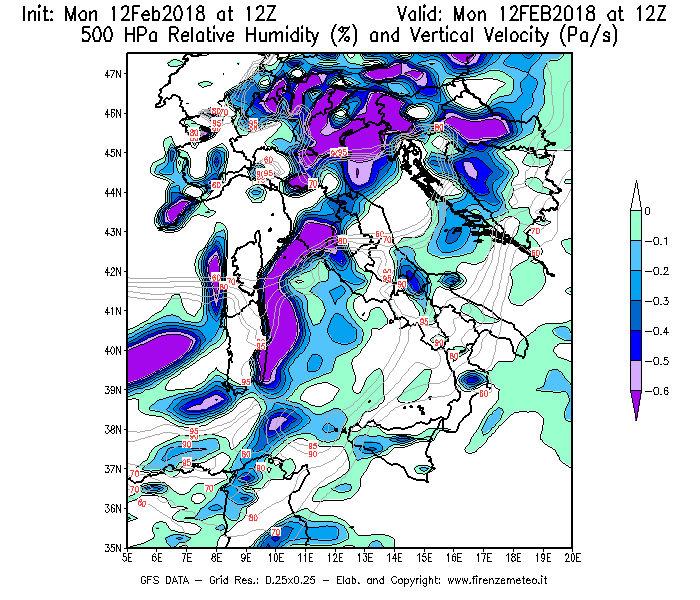 Mappa di analisi GFS - Umidità relativa [%] e Omega [Pa/s] a 500 hPa in Italia
							del 12/02/2018 12 <!--googleoff: index-->UTC<!--googleon: index-->