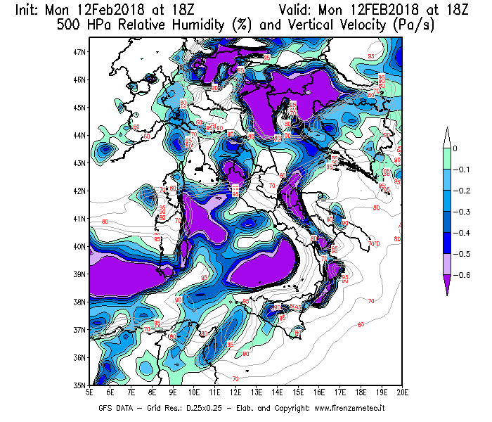 Mappa di analisi GFS - Umidità relativa [%] e Omega [Pa/s] a 500 hPa in Italia
									del 12/02/2018 18 <!--googleoff: index-->UTC<!--googleon: index-->