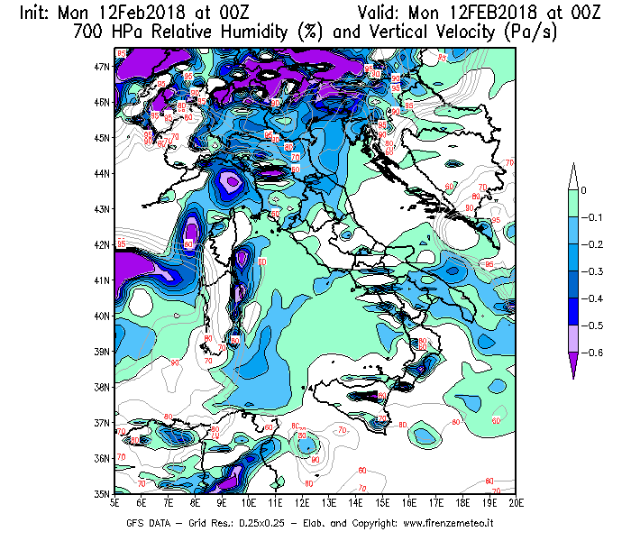 Mappa di analisi GFS - Umidità relativa [%] e Omega [Pa/s] a 700 hPa in Italia
							del 12/02/2018 00 <!--googleoff: index-->UTC<!--googleon: index-->