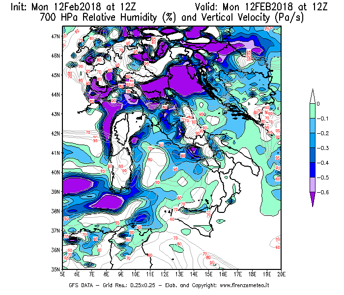 Mappa di analisi GFS - Umidità relativa [%] e Omega [Pa/s] a 700 hPa in Italia
									del 12/02/2018 12 <!--googleoff: index-->UTC<!--googleon: index-->