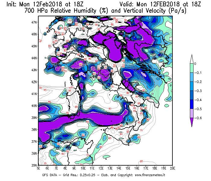 Mappa di analisi GFS - Umidità relativa [%] e Omega [Pa/s] a 700 hPa in Italia
									del 12/02/2018 18 <!--googleoff: index-->UTC<!--googleon: index-->