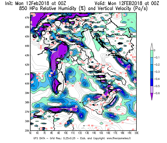 Mappa di analisi GFS - Umidità relativa [%] e Omega [Pa/s] a 850 hPa in Italia
							del 12/02/2018 00 <!--googleoff: index-->UTC<!--googleon: index-->
