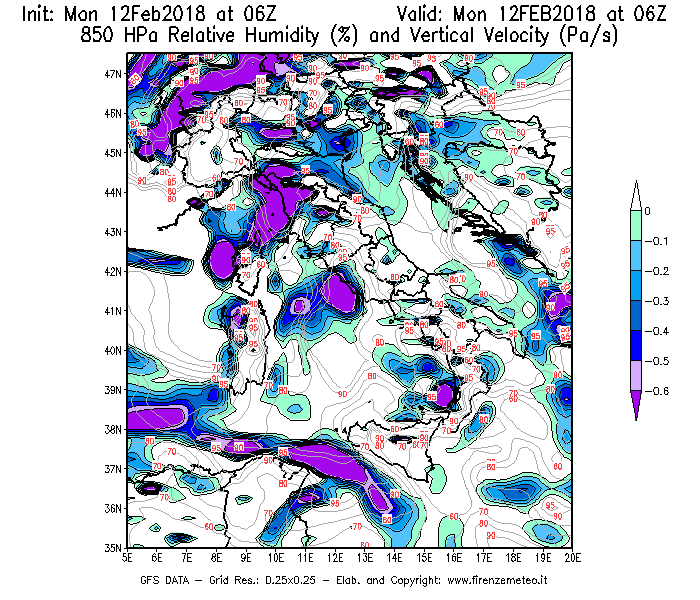 Mappa di analisi GFS - Umidità relativa [%] e Omega [Pa/s] a 850 hPa in Italia
							del 12/02/2018 06 <!--googleoff: index-->UTC<!--googleon: index-->