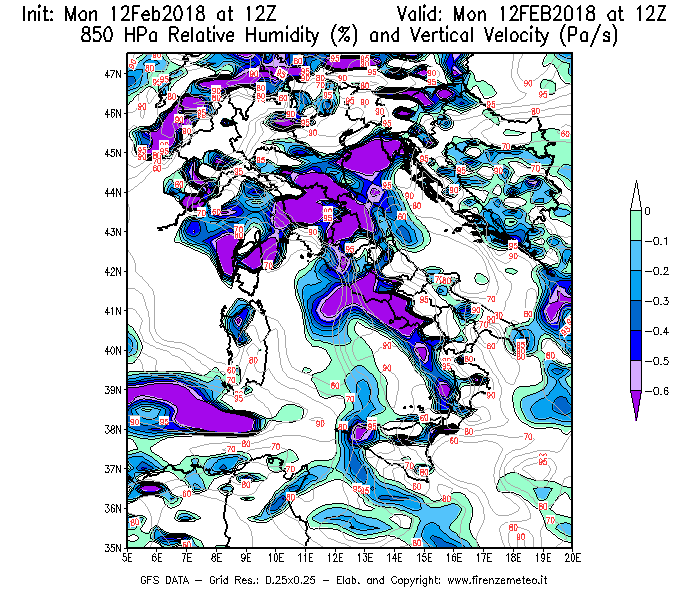 Mappa di analisi GFS - Umidità relativa [%] e Omega [Pa/s] a 850 hPa in Italia
									del 12/02/2018 12 <!--googleoff: index-->UTC<!--googleon: index-->