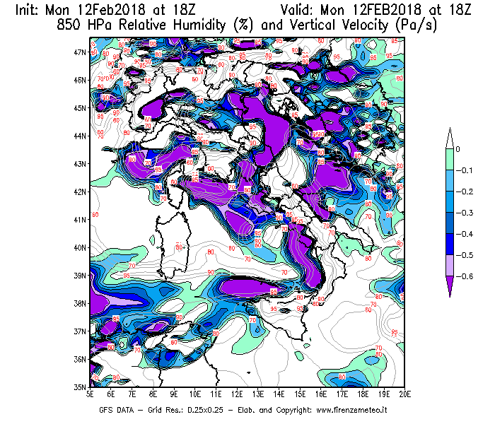 Mappa di analisi GFS - Umidità relativa [%] e Omega [Pa/s] a 850 hPa in Italia
							del 12/02/2018 18 <!--googleoff: index-->UTC<!--googleon: index-->