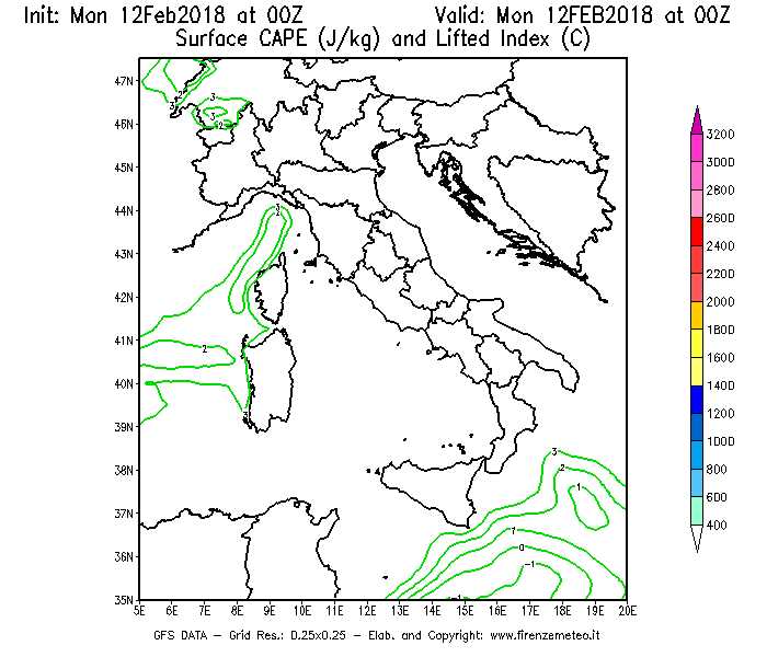 Mappa di analisi GFS - CAPE [J/kg] e Lifted Index [°C] in Italia
							del 12/02/2018 00 <!--googleoff: index-->UTC<!--googleon: index-->