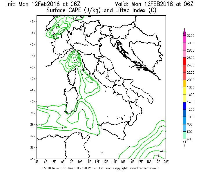 Mappa di analisi GFS - CAPE [J/kg] e Lifted Index [°C] in Italia
									del 12/02/2018 06 <!--googleoff: index-->UTC<!--googleon: index-->