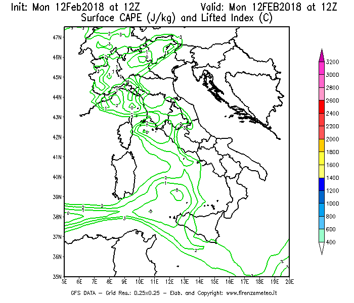 Mappa di analisi GFS - CAPE [J/kg] e Lifted Index [°C] in Italia
									del 12/02/2018 12 <!--googleoff: index-->UTC<!--googleon: index-->