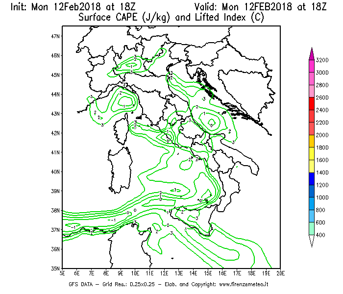 Mappa di analisi GFS - CAPE [J/kg] e Lifted Index [°C] in Italia
							del 12/02/2018 18 <!--googleoff: index-->UTC<!--googleon: index-->