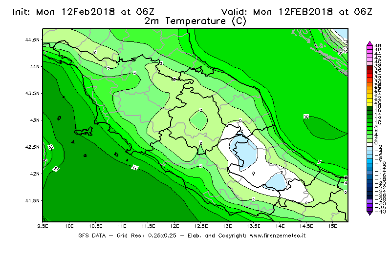 Mappa di analisi GFS - Temperatura a 2 metri dal suolo [°C] in Centro-Italia
									del 12/02/2018 06 <!--googleoff: index-->UTC<!--googleon: index-->