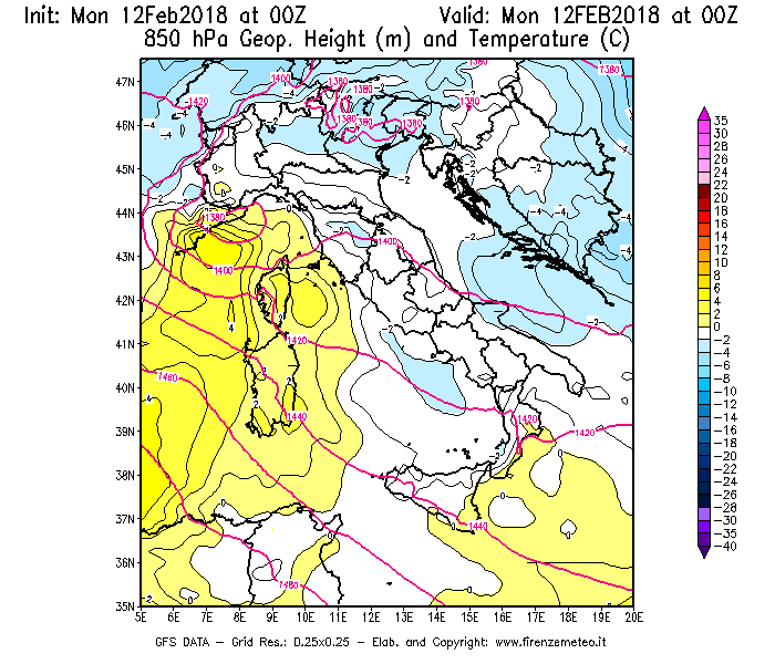 Mappa di analisi GFS - Geopotenziale [m] e Temperatura [°C] a 850 hPa in Italia
									del 12/02/2018 00 <!--googleoff: index-->UTC<!--googleon: index-->