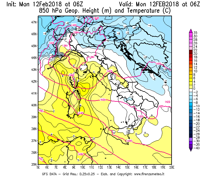 Mappa di analisi GFS - Geopotenziale [m] e Temperatura [°C] a 850 hPa in Italia
									del 12/02/2018 06 <!--googleoff: index-->UTC<!--googleon: index-->