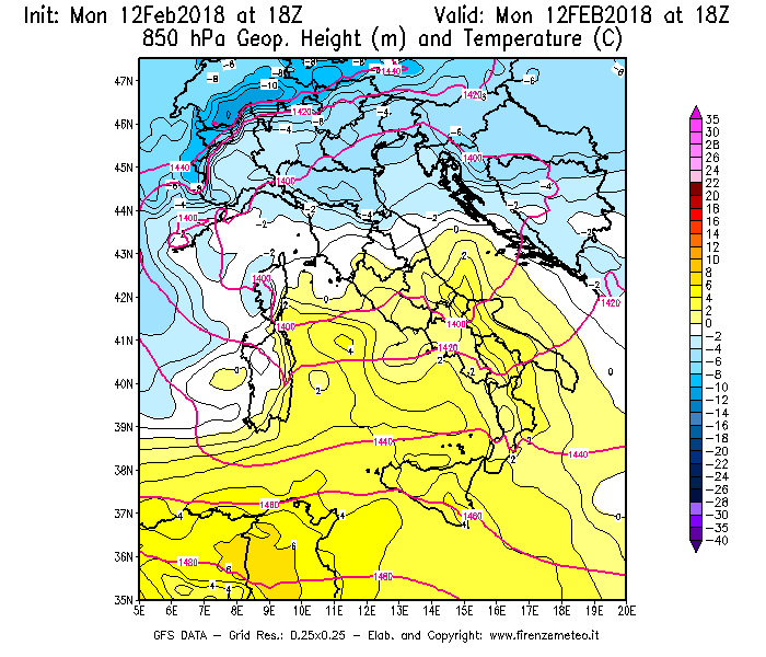 Mappa di analisi GFS - Geopotenziale [m] e Temperatura [°C] a 850 hPa in Italia
									del 12/02/2018 18 <!--googleoff: index-->UTC<!--googleon: index-->