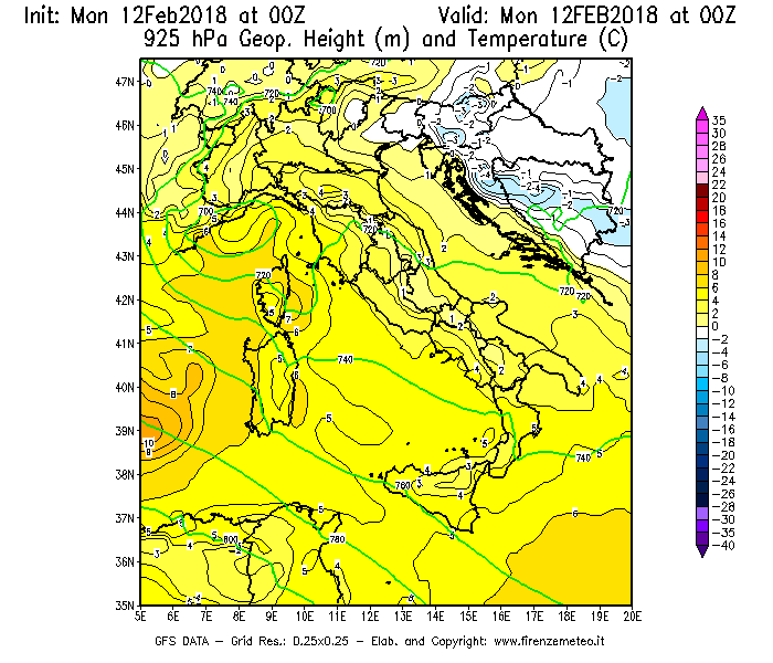 Mappa di analisi GFS - Geopotenziale [m] e Temperatura [°C] a 925 hPa in Italia
							del 12/02/2018 00 <!--googleoff: index-->UTC<!--googleon: index-->