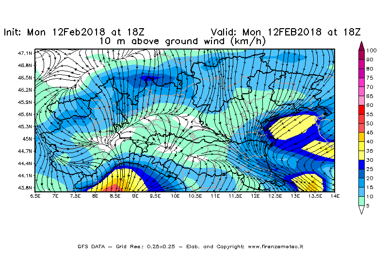 Mappa di analisi GFS - Velocità del vento a 10 metri dal suolo [km/h] in Nord-Italia
							del 12/02/2018 18 <!--googleoff: index-->UTC<!--googleon: index-->