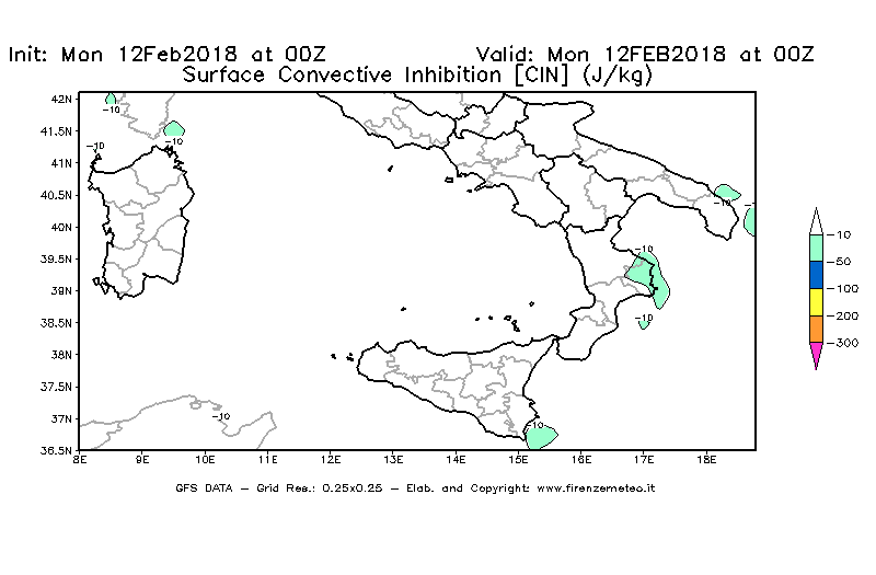 Mappa di analisi GFS - CIN [J/kg] in Sud-Italia
							del 12/02/2018 00 <!--googleoff: index-->UTC<!--googleon: index-->