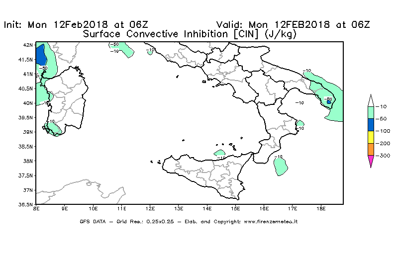 Mappa di analisi GFS - CIN [J/kg] in Sud-Italia
									del 12/02/2018 06 <!--googleoff: index-->UTC<!--googleon: index-->