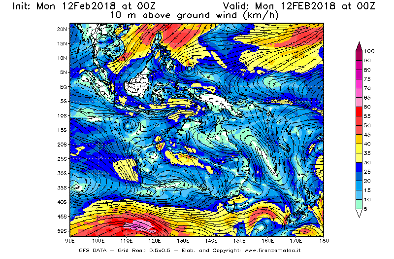 Mappa di analisi GFS - Velocità del vento a 10 metri dal suolo [km/h] in Oceania
									del 12/02/2018 00 <!--googleoff: index-->UTC<!--googleon: index-->