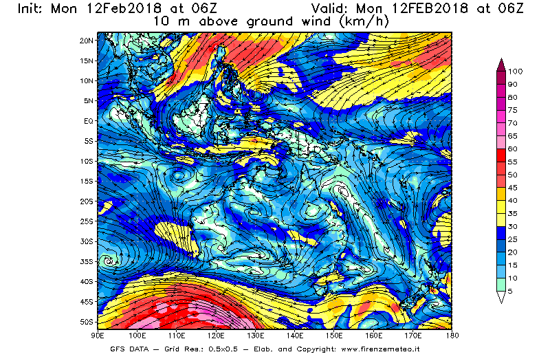 Mappa di analisi GFS - Velocità del vento a 10 metri dal suolo [km/h] in Oceania
									del 12/02/2018 06 <!--googleoff: index-->UTC<!--googleon: index-->