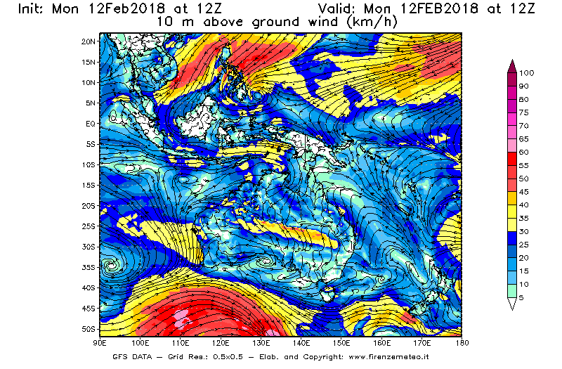 Mappa di analisi GFS - Velocità del vento a 10 metri dal suolo [km/h] in Oceania
							del 12/02/2018 12 <!--googleoff: index-->UTC<!--googleon: index-->
