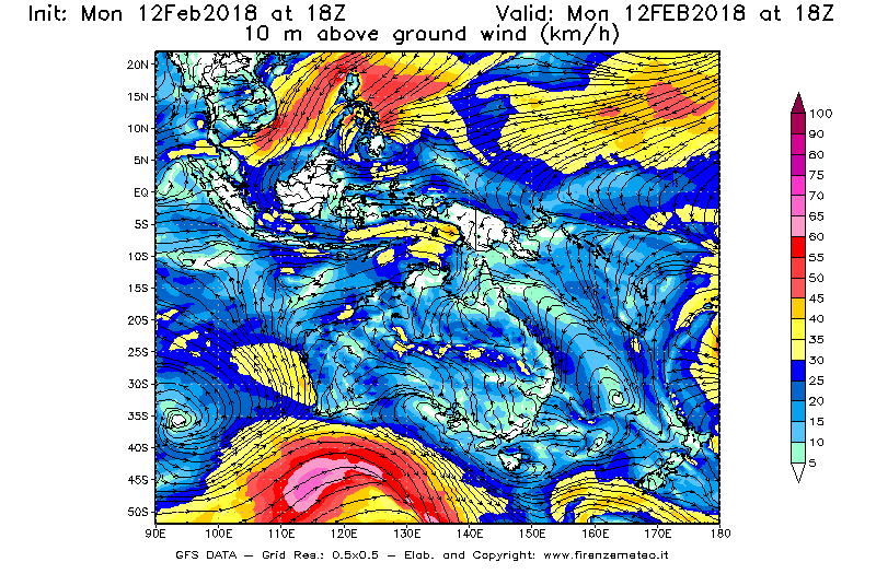 Mappa di analisi GFS - Velocità del vento a 10 metri dal suolo [km/h] in Oceania
									del 12/02/2018 18 <!--googleoff: index-->UTC<!--googleon: index-->