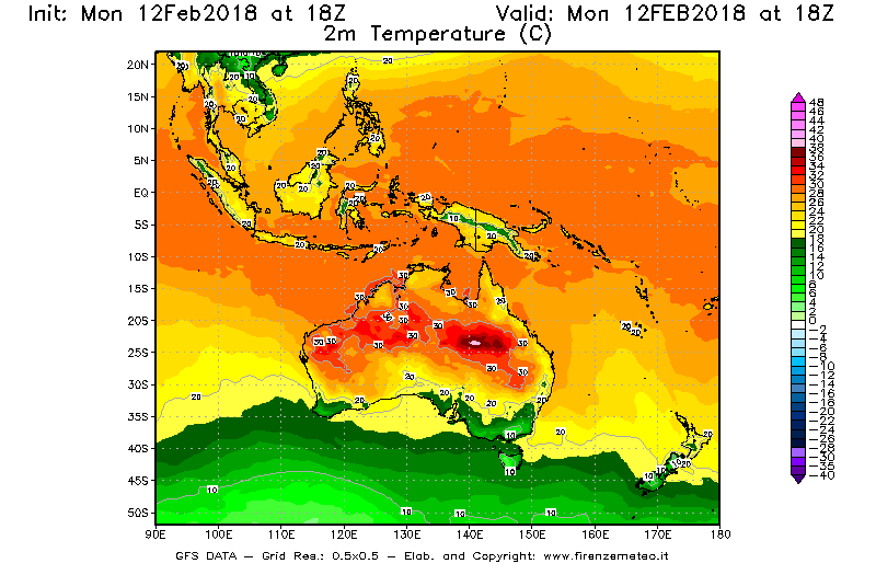 Mappa di analisi GFS - Temperatura a 2 metri dal suolo [°C] in Oceania
							del 12/02/2018 18 <!--googleoff: index-->UTC<!--googleon: index-->