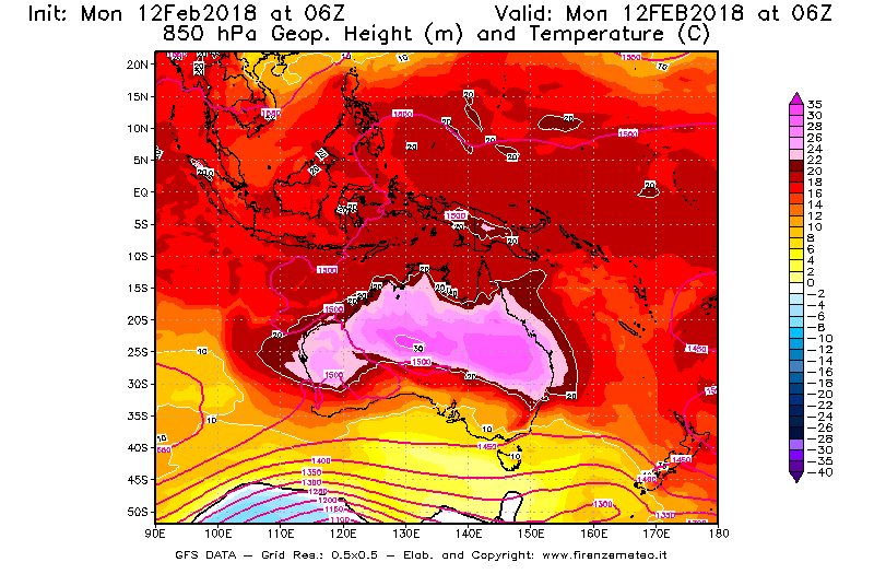 Mappa di analisi GFS - Geopotenziale [m] e Temperatura [°C] a 850 hPa in Oceania
							del 12/02/2018 06 <!--googleoff: index-->UTC<!--googleon: index-->